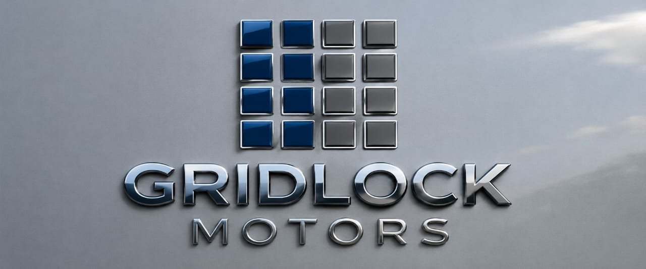 Gridlock Motors chrome logo on brushed metal